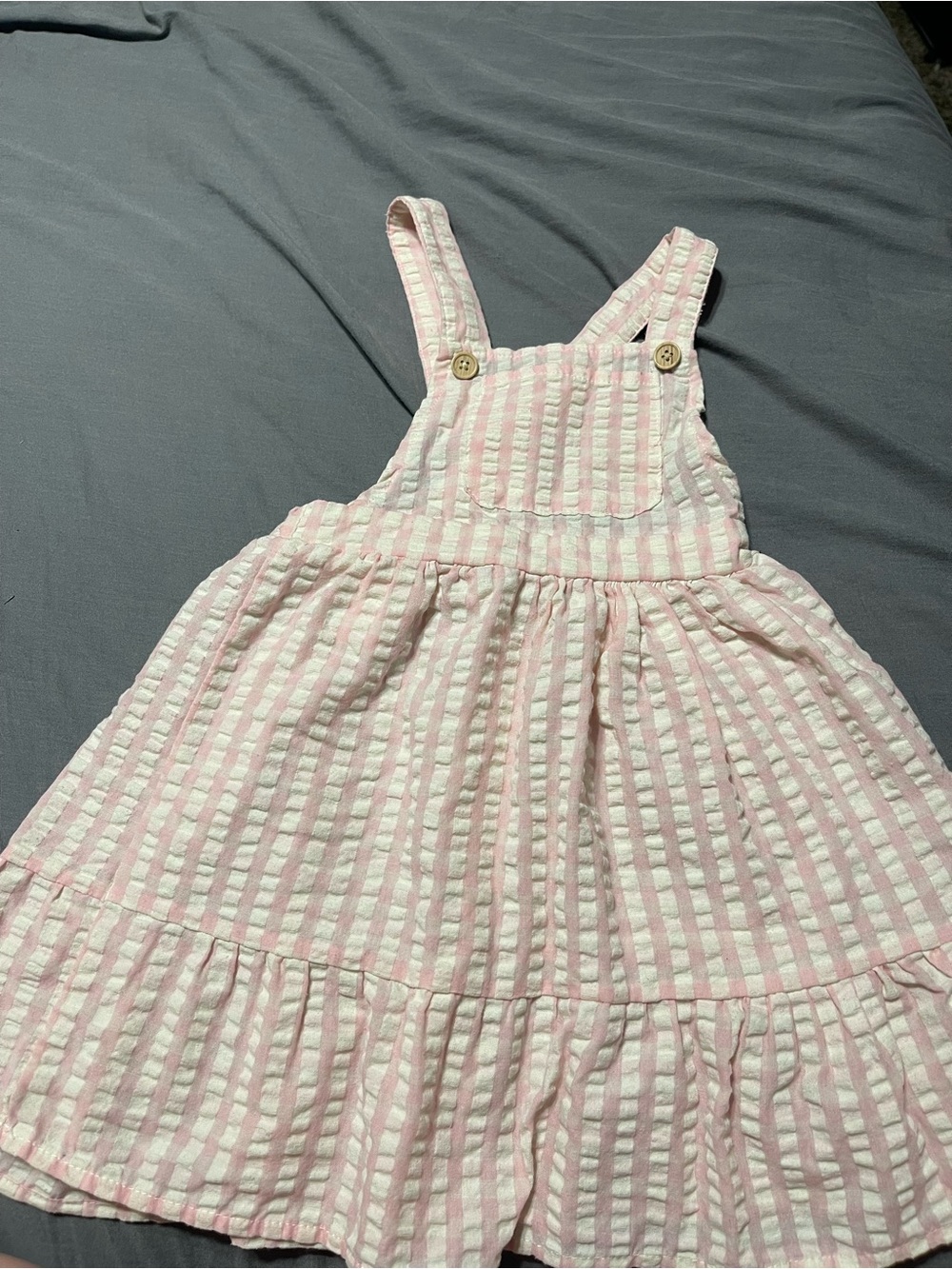 Vintage Style Girls Pink Seersucker Overall Dress